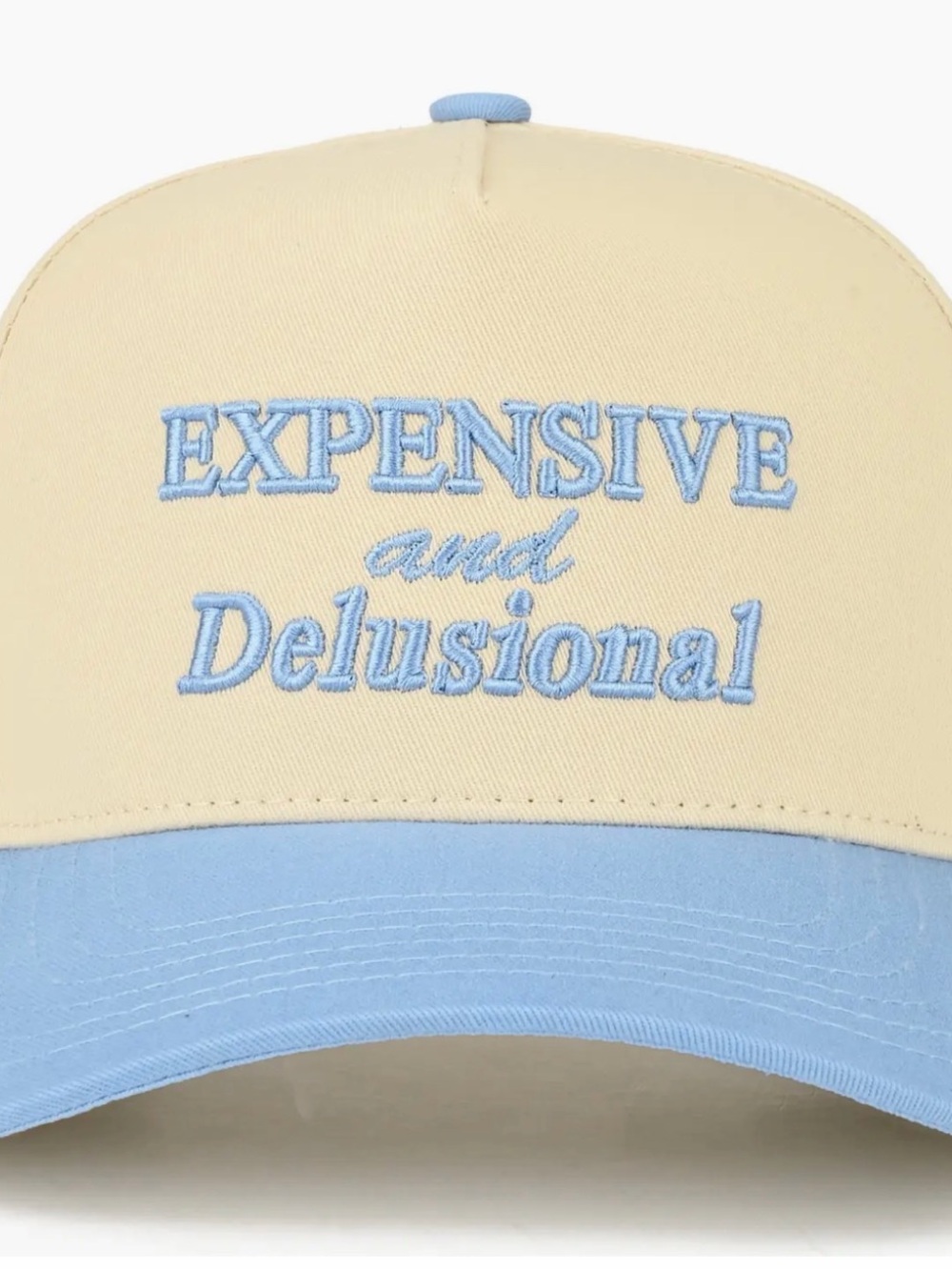 Expensive and Delusional Two-Tone Baseball Cap - Cream & Light Blue